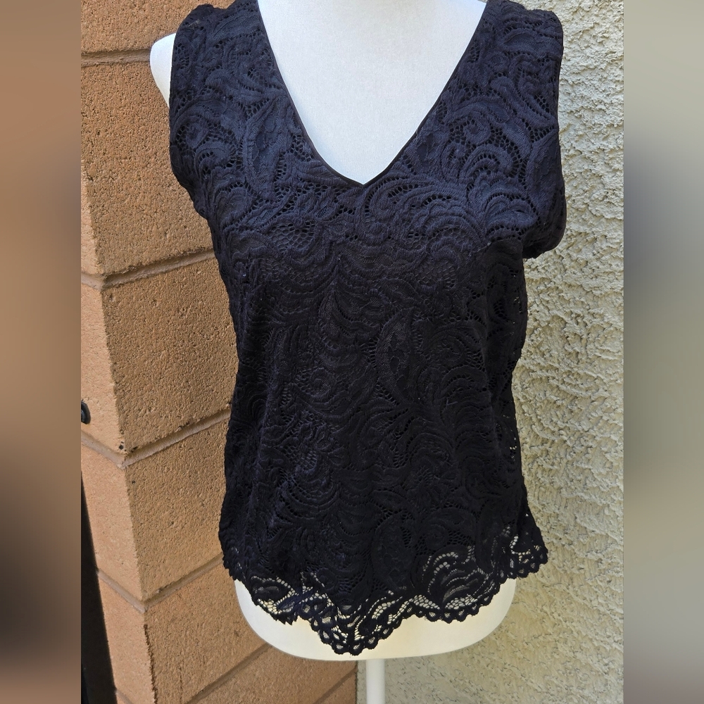 WHBM Black Lace V-Neck Sleeveless Top